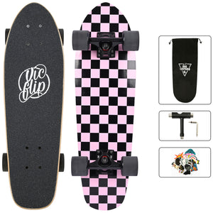 One Leopard VIC 27" Complete Cruiser Tricks Skateboard, 7 PLY Maple Double Kicktails Deck, T-Tool & Skateboard Stickers & Carry Bag Included (Pink)