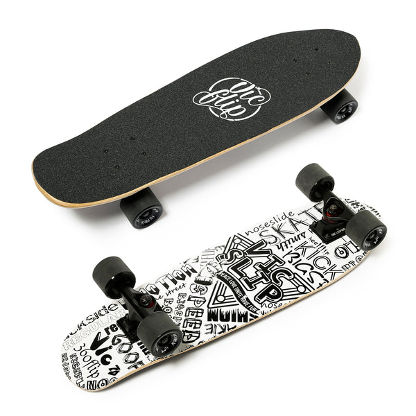 One Leopard VIC 27" Complete Cruiser Tricks Skateboard, 7 PLY Maple Double Kicktails Deck, T-Tool & Skateboard Stickers & Carry Bag Included (Graffiti-Black)