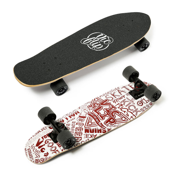 One Leopard VIC 27" Complete Cruiser Tricks Skateboard, 7 PLY Maple Double Kicktails Deck, T-Tool & Skateboard Stickers & Carry Bag Included (Graffiti-Red)