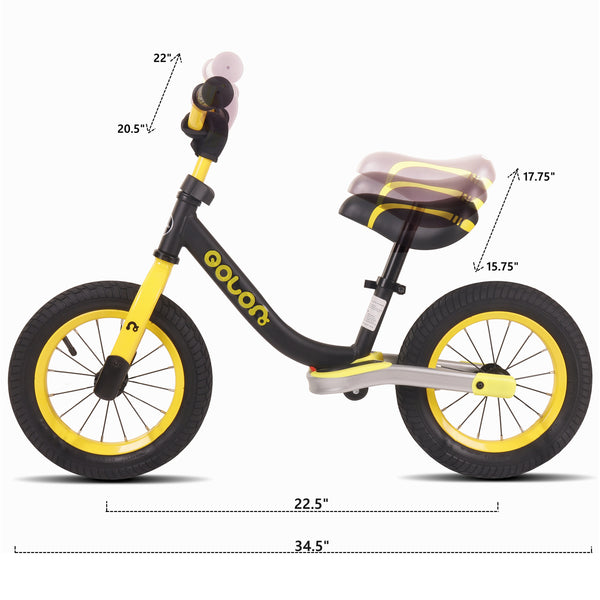 KOOKIDO Sport Balance Bike with Air Tires, Kids Bike with Rear Suspension, 12 inch Bike Without Pedal, Bike for Kids Ages 3-6, Yellow