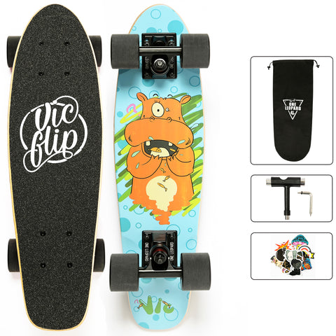 One Leopard VIC 22" Wooden 7 PLY Maple Complete Mini Cruiser Tricks Skateboard, T-Tool & Skateboard Stickers & Carry Bag Included (Hippo)