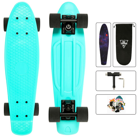 One Leopard Minfly 22" Mini Complete Plastic Cruiser Tricks Skateboard, T-Tool & Grip Tape & Skateboard Stickers & Carry Bag Included (Bianchi)