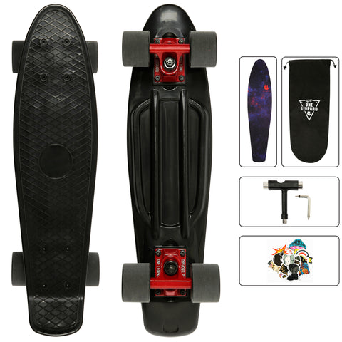 One Leopard Minfly 22" Mini Complete Plastic Cruiser Tricks Skateboard, T-Tool & Grip Tape & Skateboard Stickers & Carry Bag Included (Black)