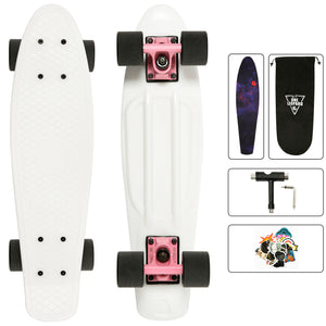 One Leopard Minfly 22" Mini Complete Plastic Cruiser Tricks Skateboard, T-Tool & Grip Tape & Skateboard Stickers & Carry Bag Included (White)