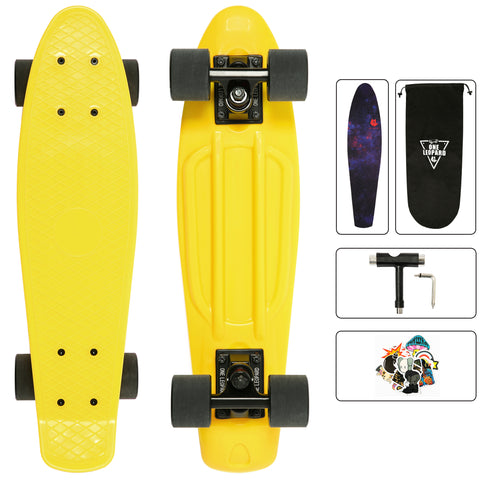 One Leopard Minfly 22" Mini Complete Plastic Cruiser Tricks Skateboard, T-Tool & Grip Tape & Skateboard Stickers & Carry Bag Included (Yellow)