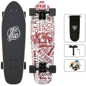 One Leopard VIC 27" Complete Cruiser Tricks Skateboard, 7 PLY Maple Double Kicktails Deck, T-Tool & Skateboard Stickers & Carry Bag Included (Graffiti-Red)