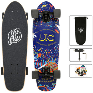 One Leopard VIC 27" Complete Cruiser Tricks Skateboard, 7 PLY Maple Double Kicktails Deck, T-Tool & Skateboard Stickers & Carry Bag Included (Universe)
