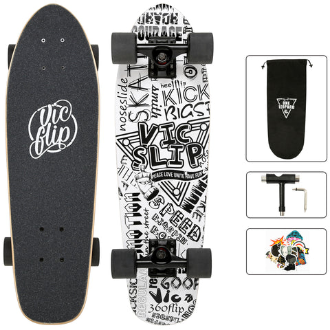One Leopard VIC 27" Complete Cruiser Tricks Skateboard, 7 PLY Maple Double Kicktails Deck, T-Tool & Skateboard Stickers & Carry Bag Included (Graffiti-Black)