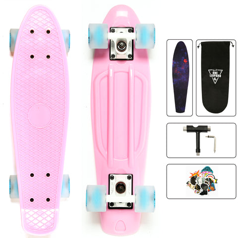 One Leopard Minfly 22" Mini Complete Plastic Cruiser Tricks Skateboard, T-Tool & Grip Tape & Skateboard Stickers & Carry Bag Included (Pink)