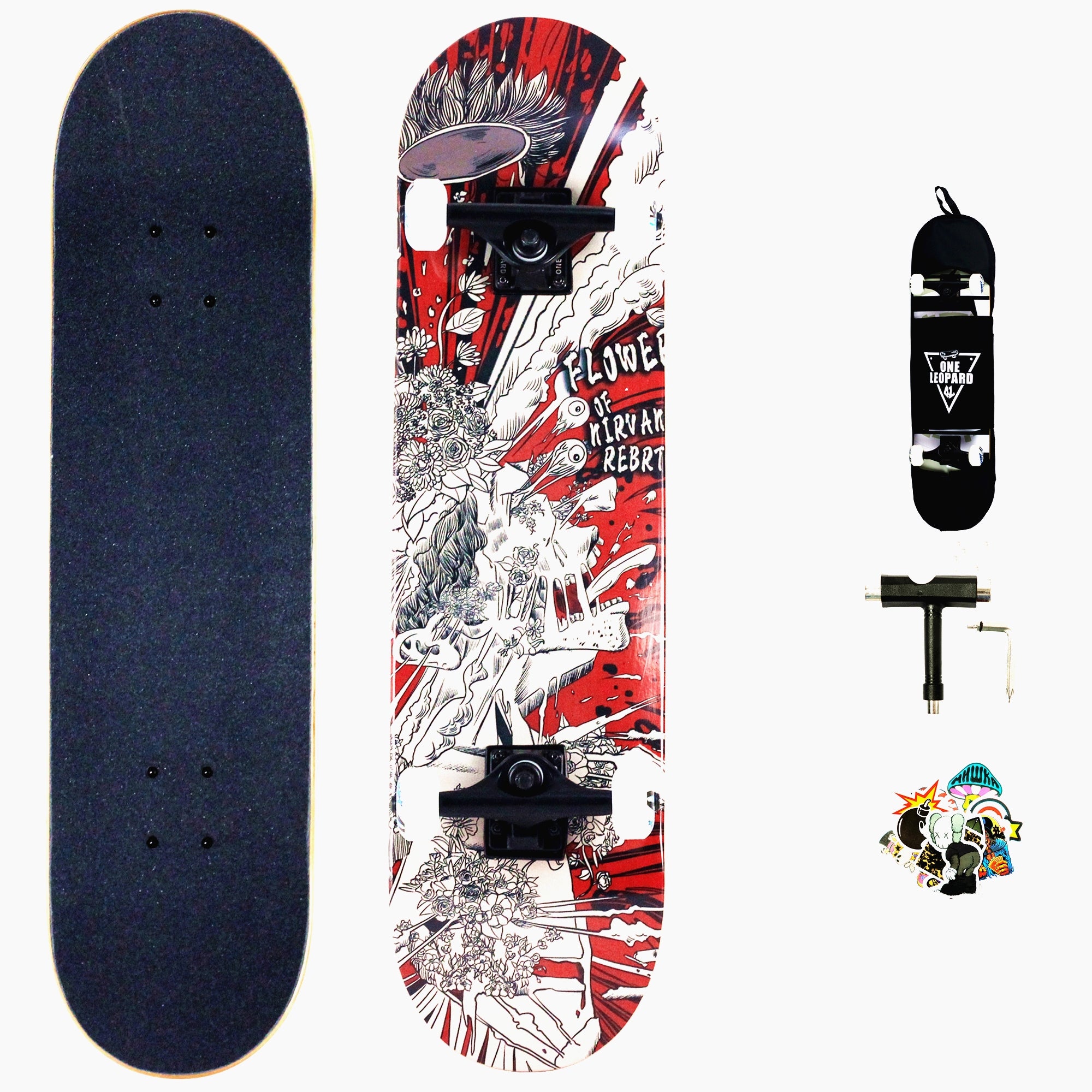 One Leopard 31" Skateboards, PRO Complete Skateboard with 7 Layer Maple Low Concave Deck, Double Kicks Trick Skateboard and Cruiser Skateboard for Kids, Teens, Beginners & Adults, Nirvana