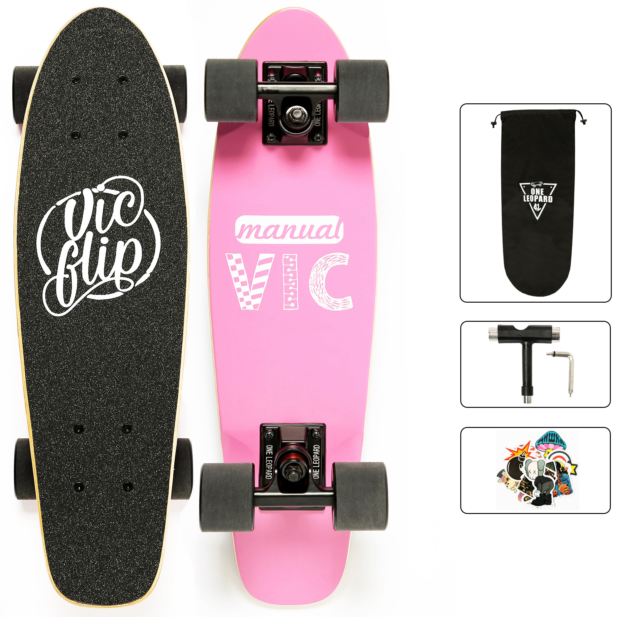 One Leopard VIC 22" Wooden 7 PLY Maple Complete Mini Cruiser Tricks Skateboard, T-Tool & Skateboard Stickers & Carry Bag Included (Pink)