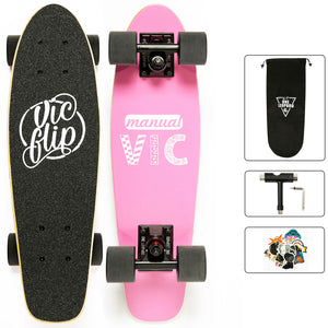 One Leopard VIC 22" Wooden 7 PLY Maple Complete Mini Cruiser Tricks Skateboard, T-Tool & Skateboard Stickers & Carry Bag Included (Pink)