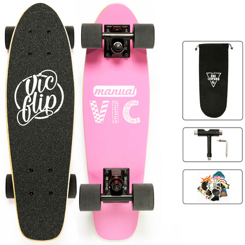 One Leopard VIC 22" Wooden 7 PLY Maple Complete Mini Cruiser Tricks Skateboard, T-Tool & Skateboard Stickers & Carry Bag Included (Pink)
