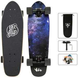 One Leopard VIC 27" Complete Cruiser Tricks Skateboard, 7 PLY Maple Double Kicktails Deck, T-Tool & Skateboard Stickers & Carry Bag Included (Galaxy)